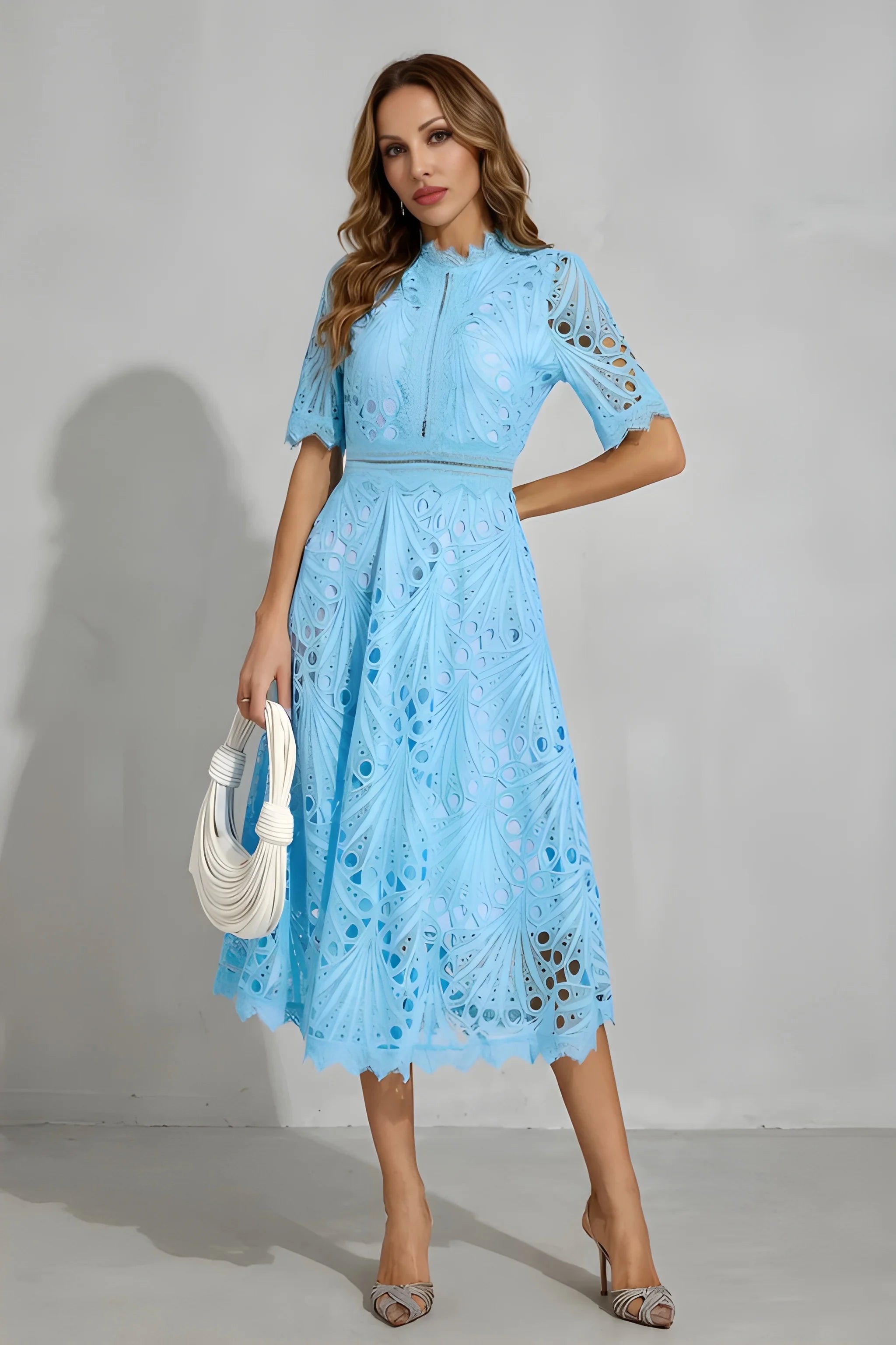 Women's Elegant Vintage Midi Wedding Guest Dress with High Neck