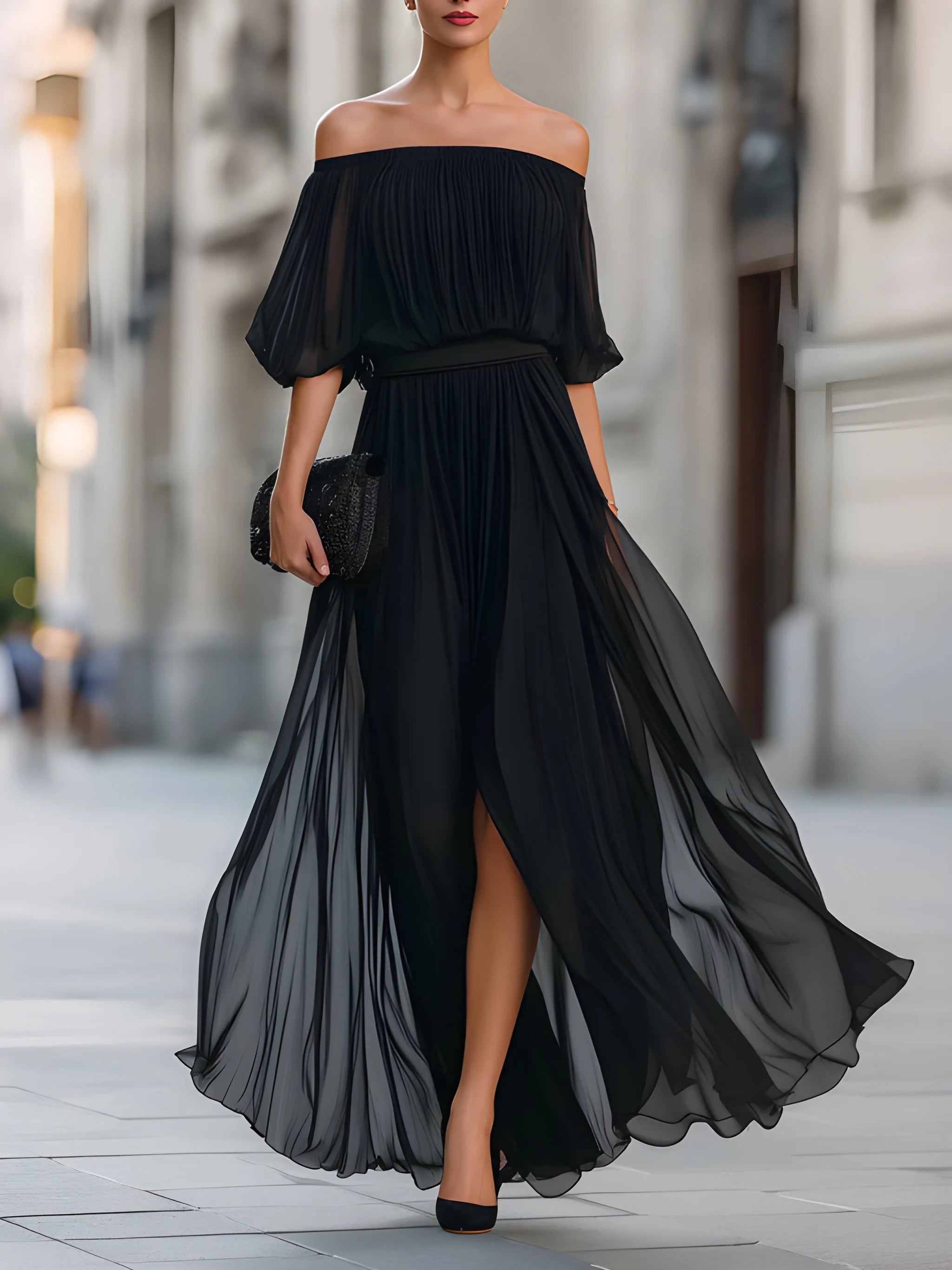 Women's Formal Summer Maxi Wedding Guest Dress with Off Shoulder Neckline