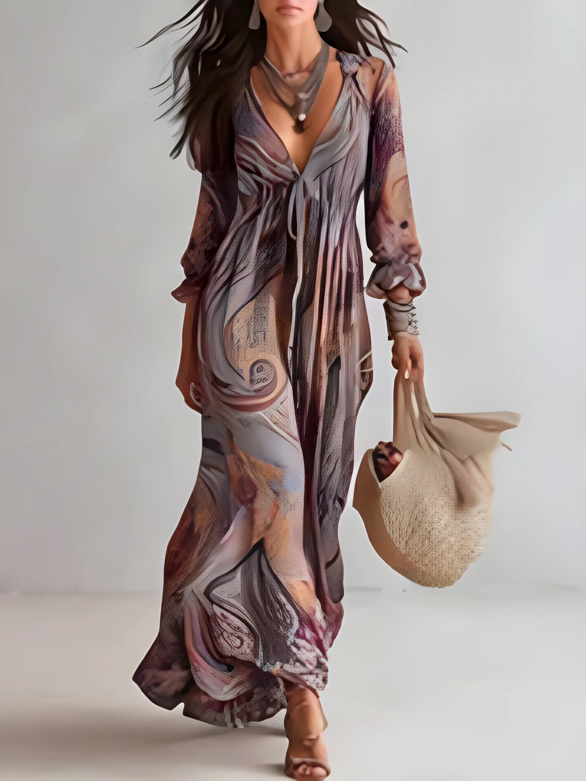 Women's Vintage Boho Maxi Summer Dress with V-Neck