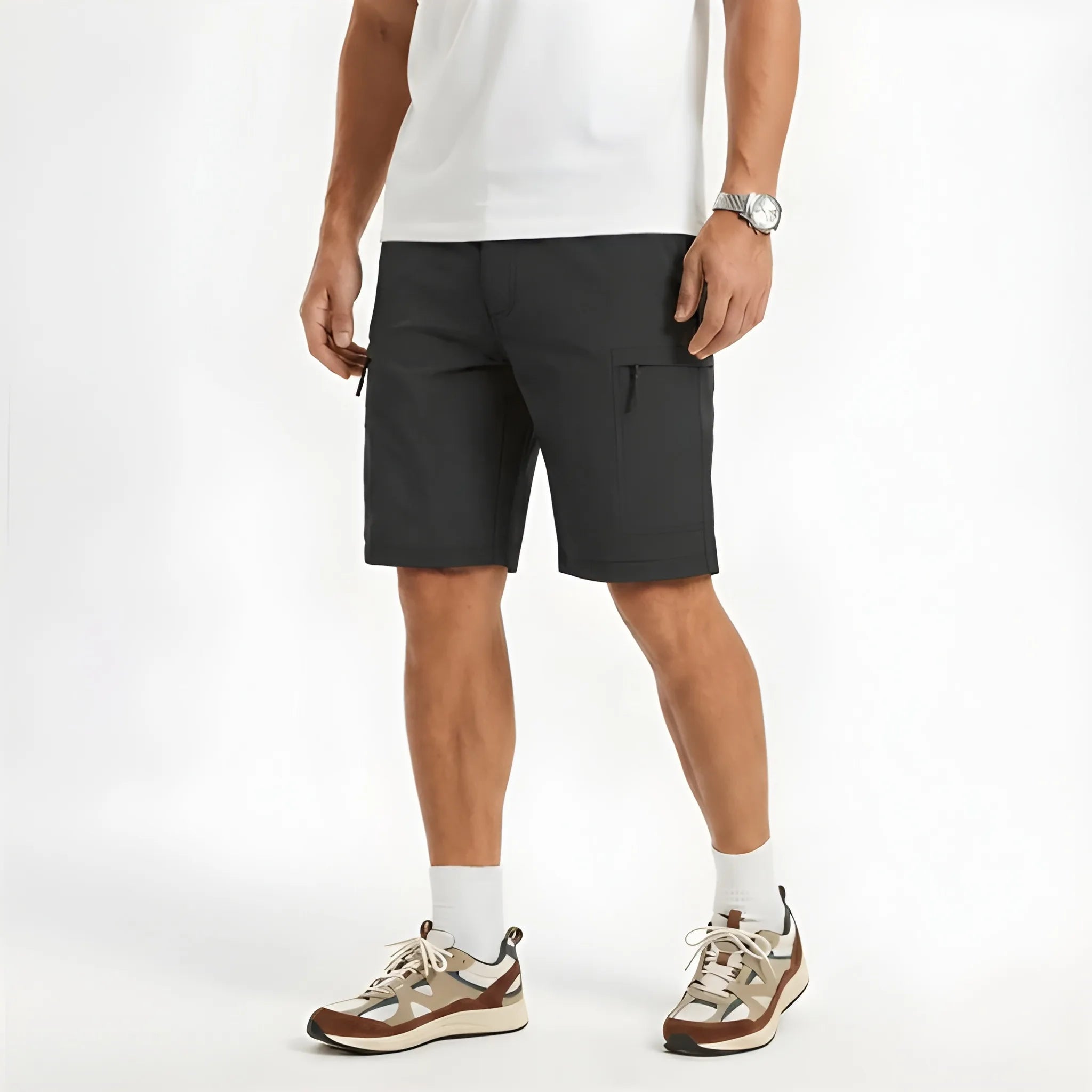Men's Cargo Casual Shorts with Elastic Waist and Zip Pockets