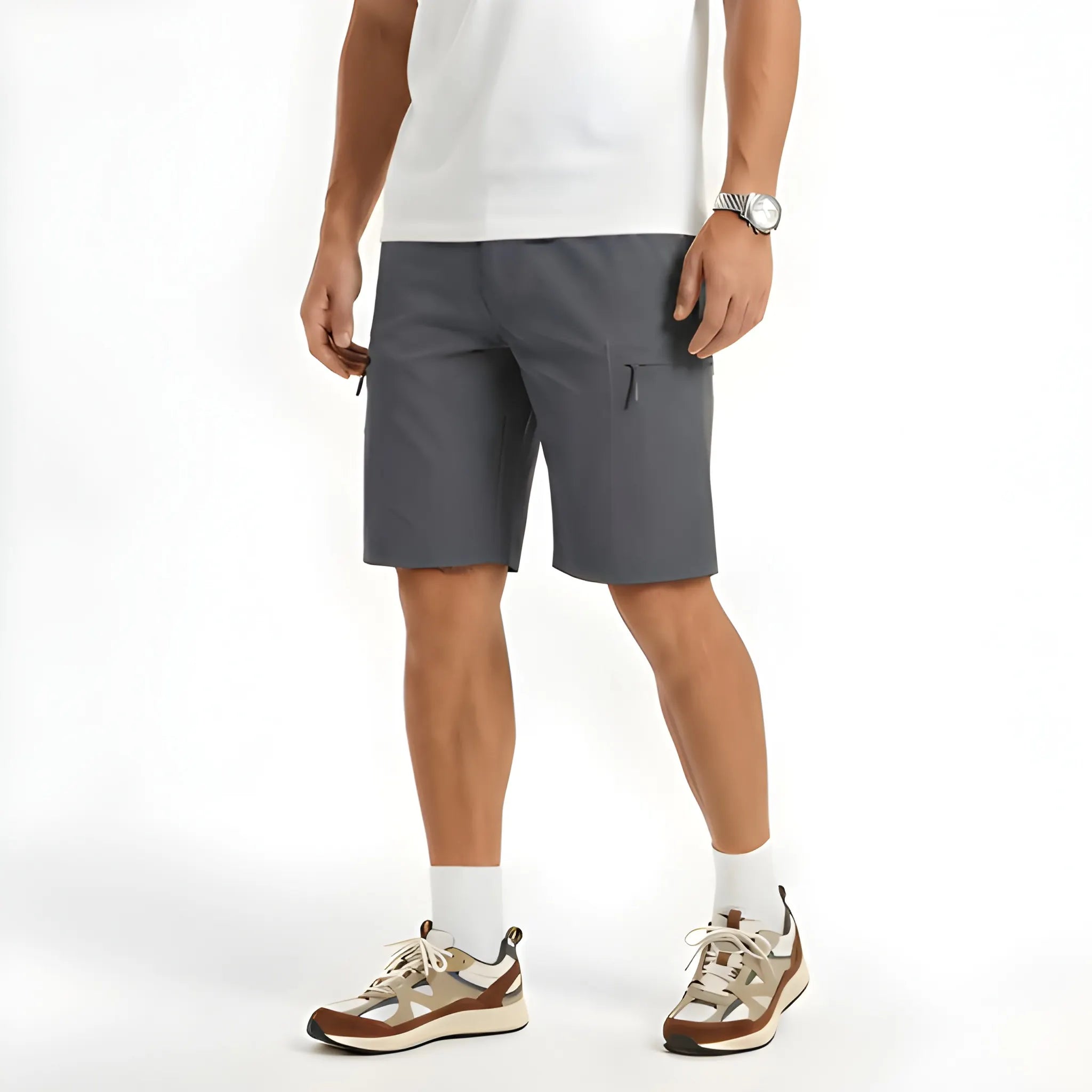 Men's Cargo Casual Shorts with Elastic Waist and Zip Pockets
