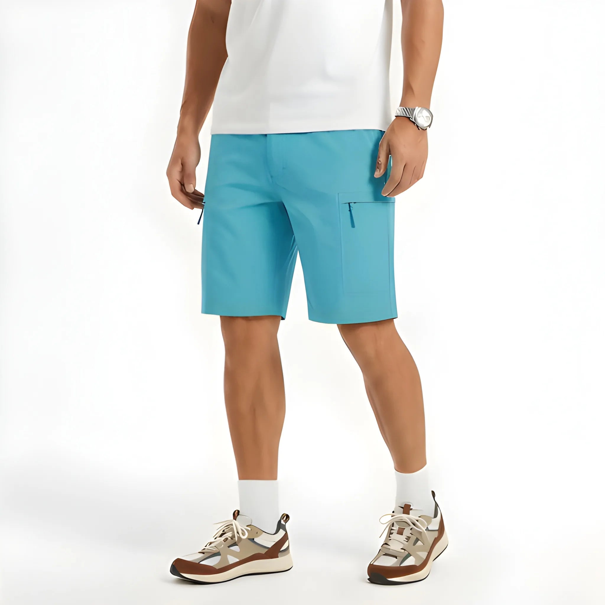 Men's Cargo Casual Shorts with Elastic Waist and Zip Pockets