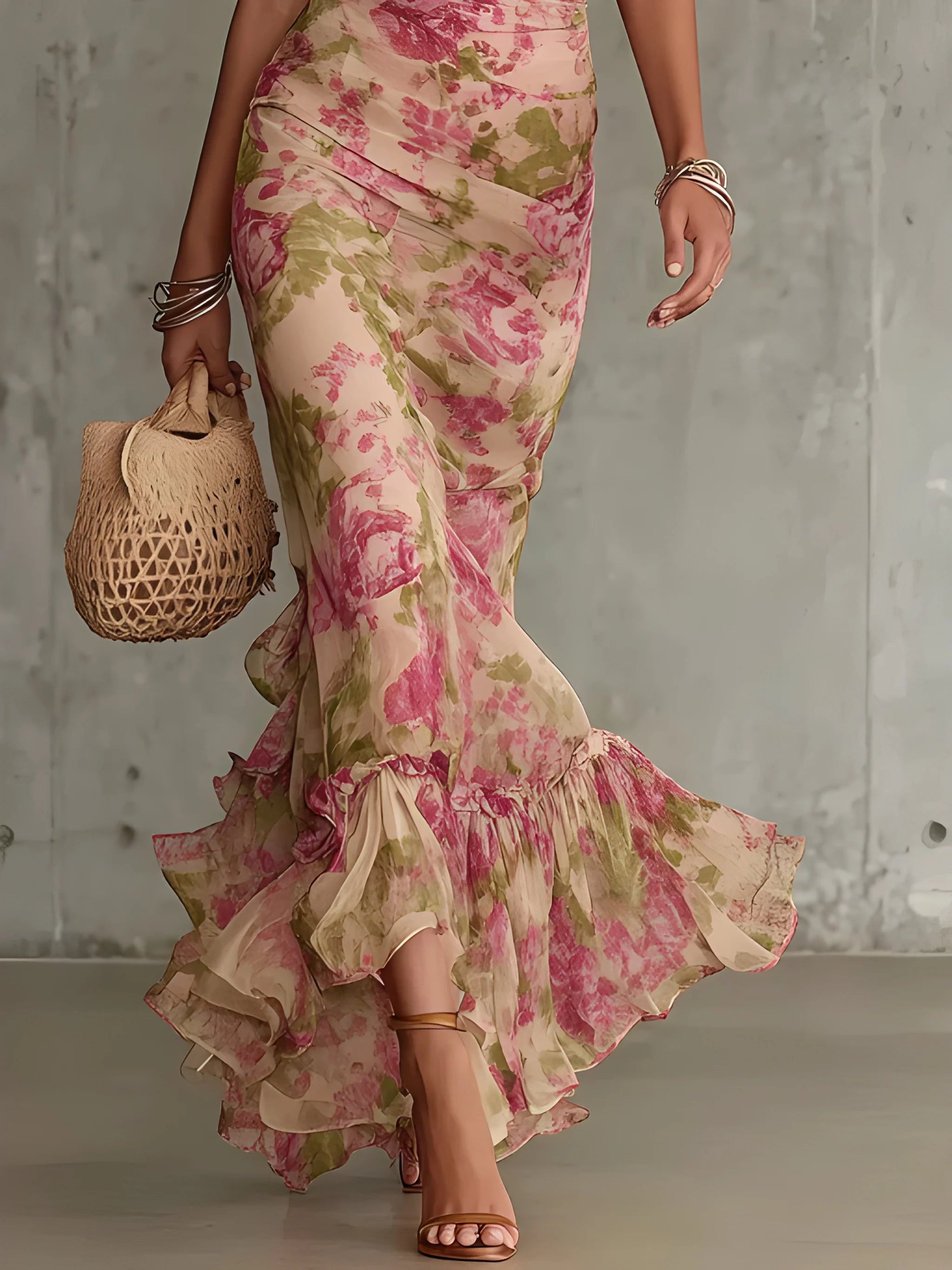 Women's Floral Boho Maxi Summer Dress with Puff Sleeves