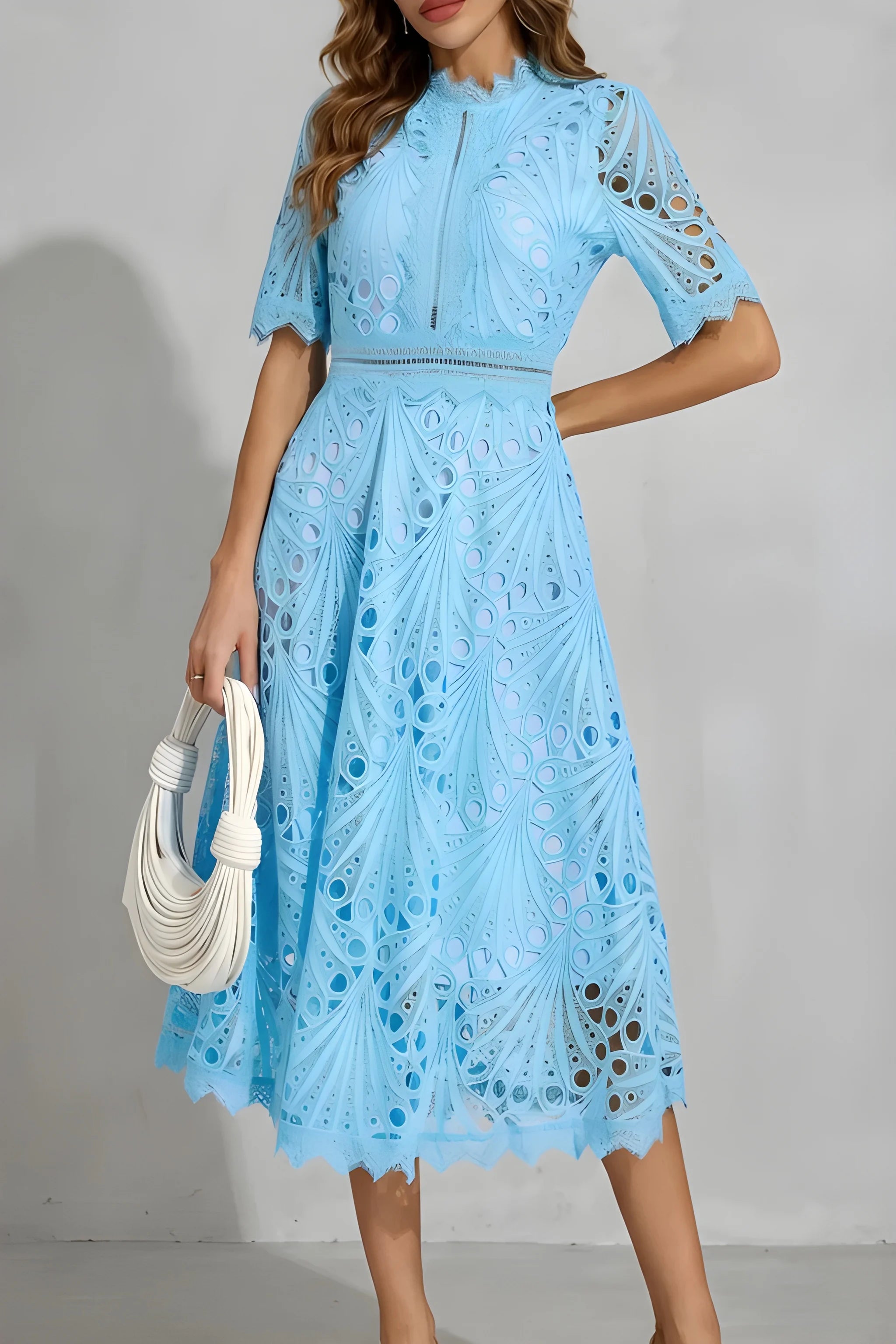 Women's Elegant Vintage Midi Wedding Guest Dress with High Neck