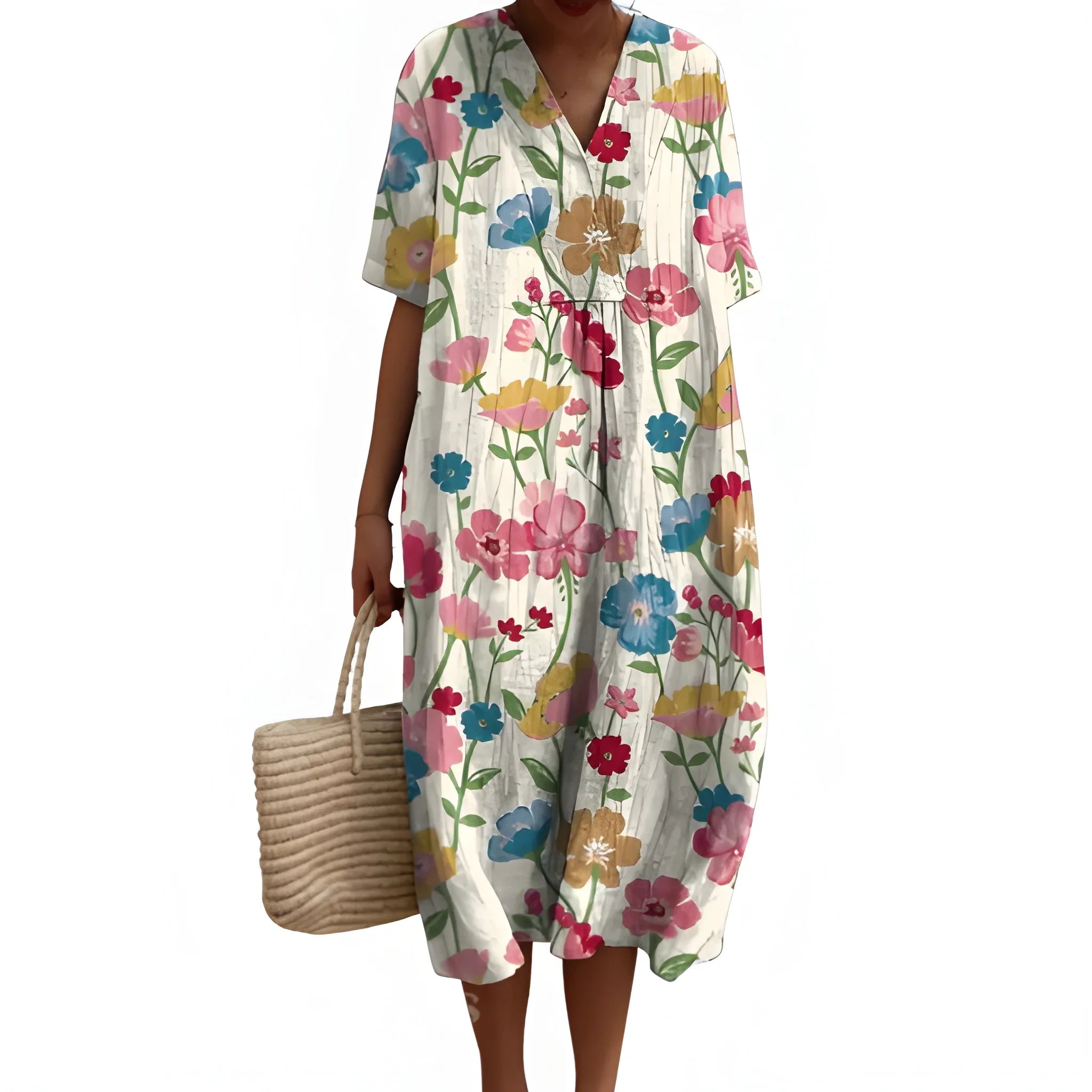 Women's Casual Floral Midi Summer Dress with V Neck