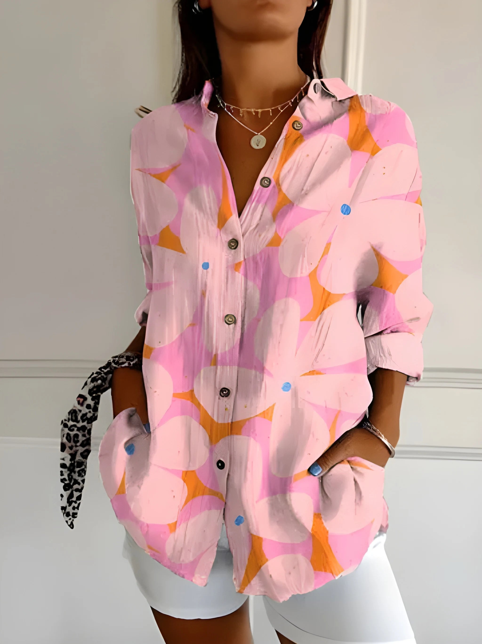Women's Casual Work Shirt with Button-Up Front and Pockets