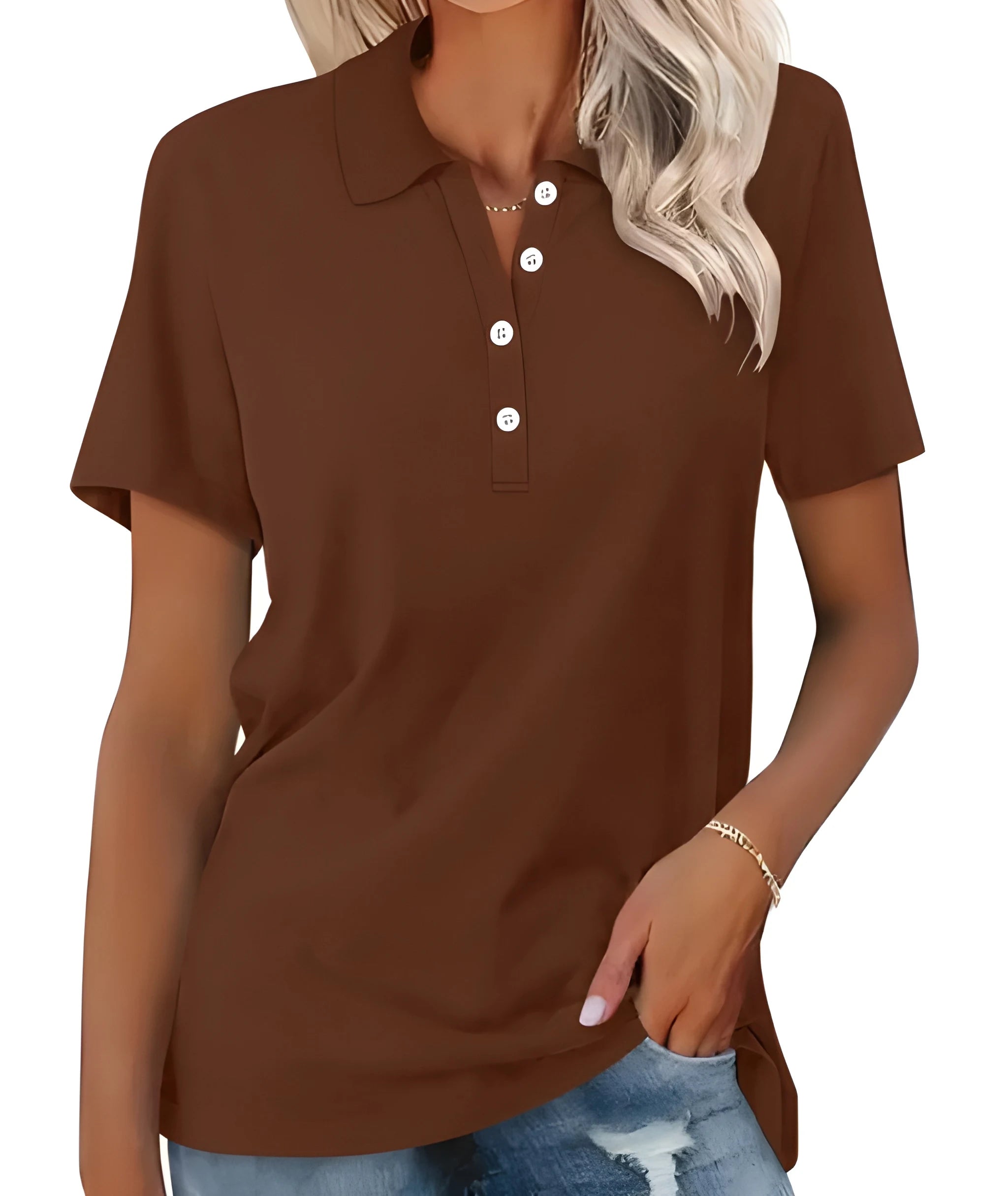 Women's Casual Polo Shirt with V-Neck and Short Sleeve
