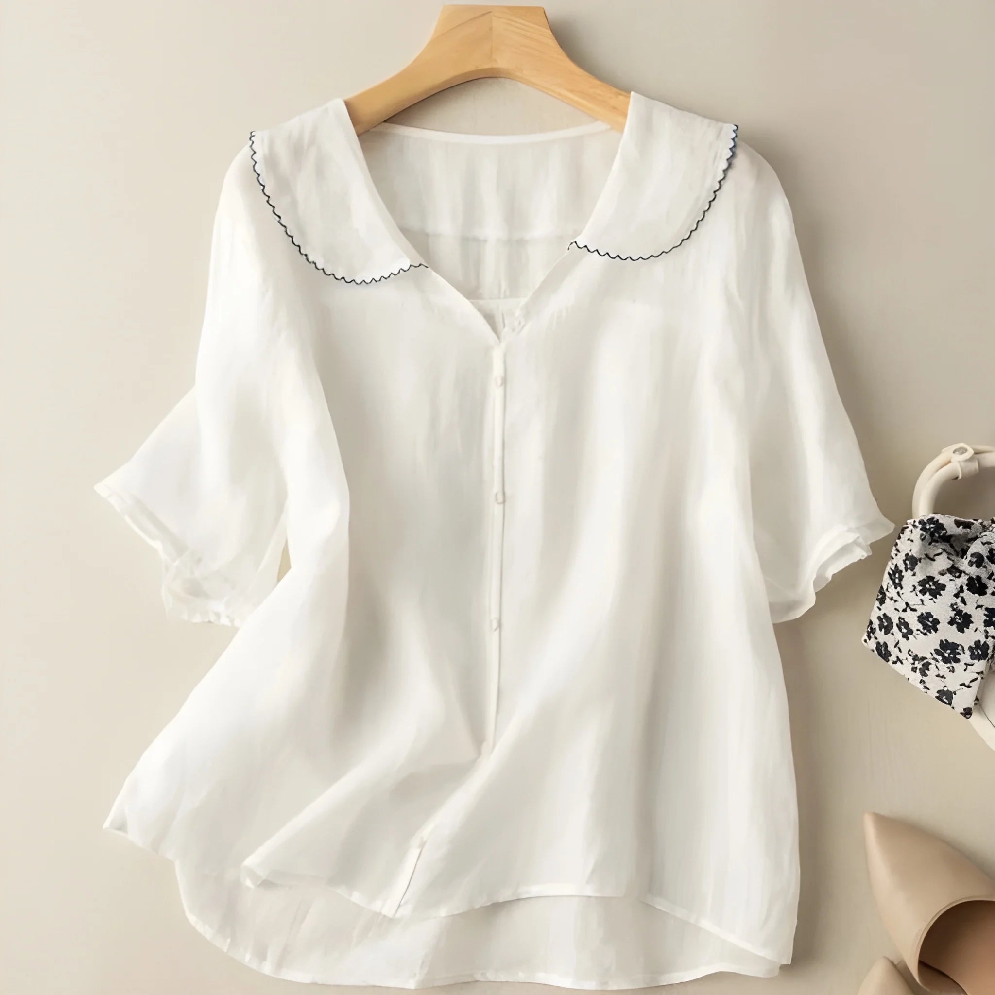 Women's Oversized Summer Shirt with V-Neck and Embroidered Details
