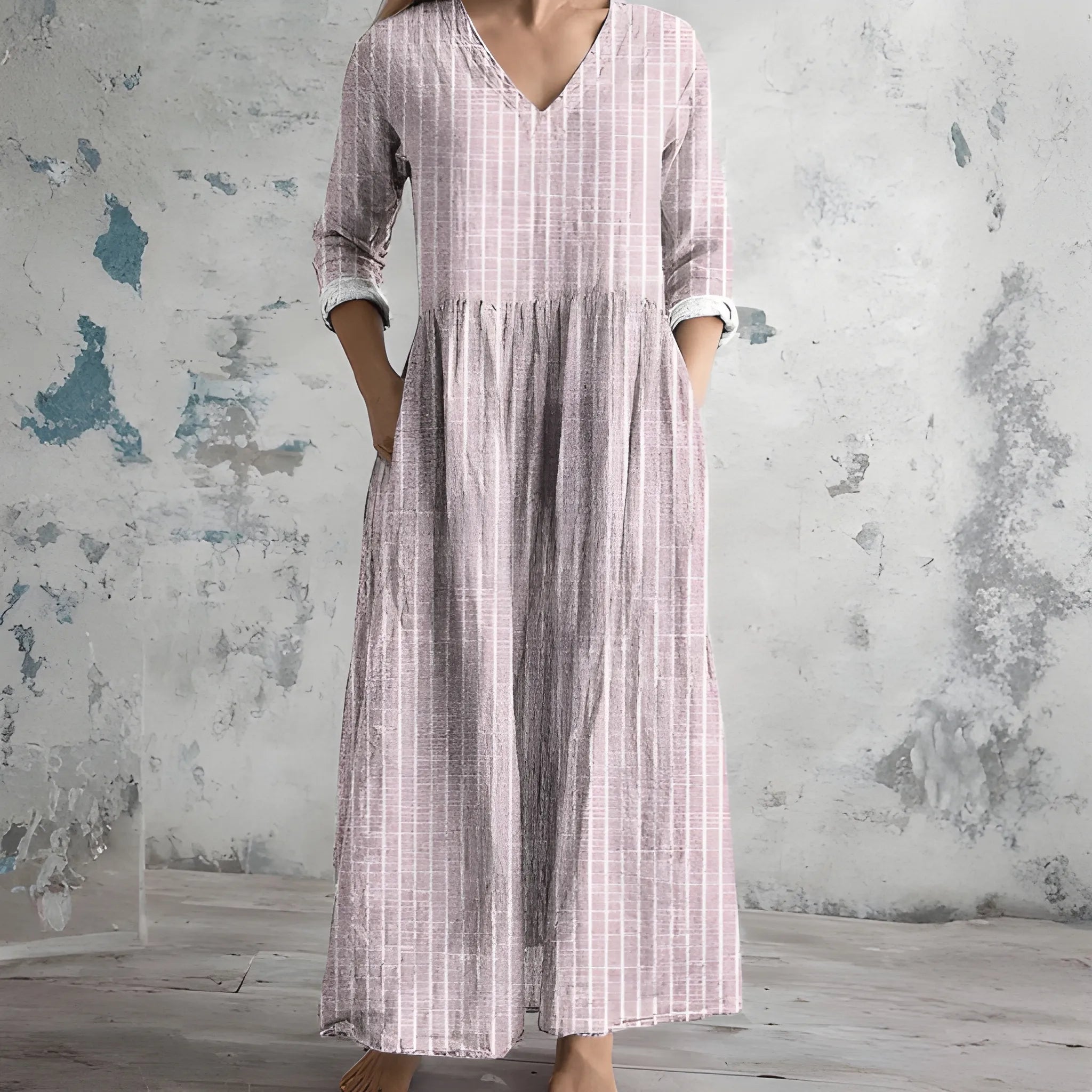 Women's Casual Flowy Midi Summer Dress with V Neck