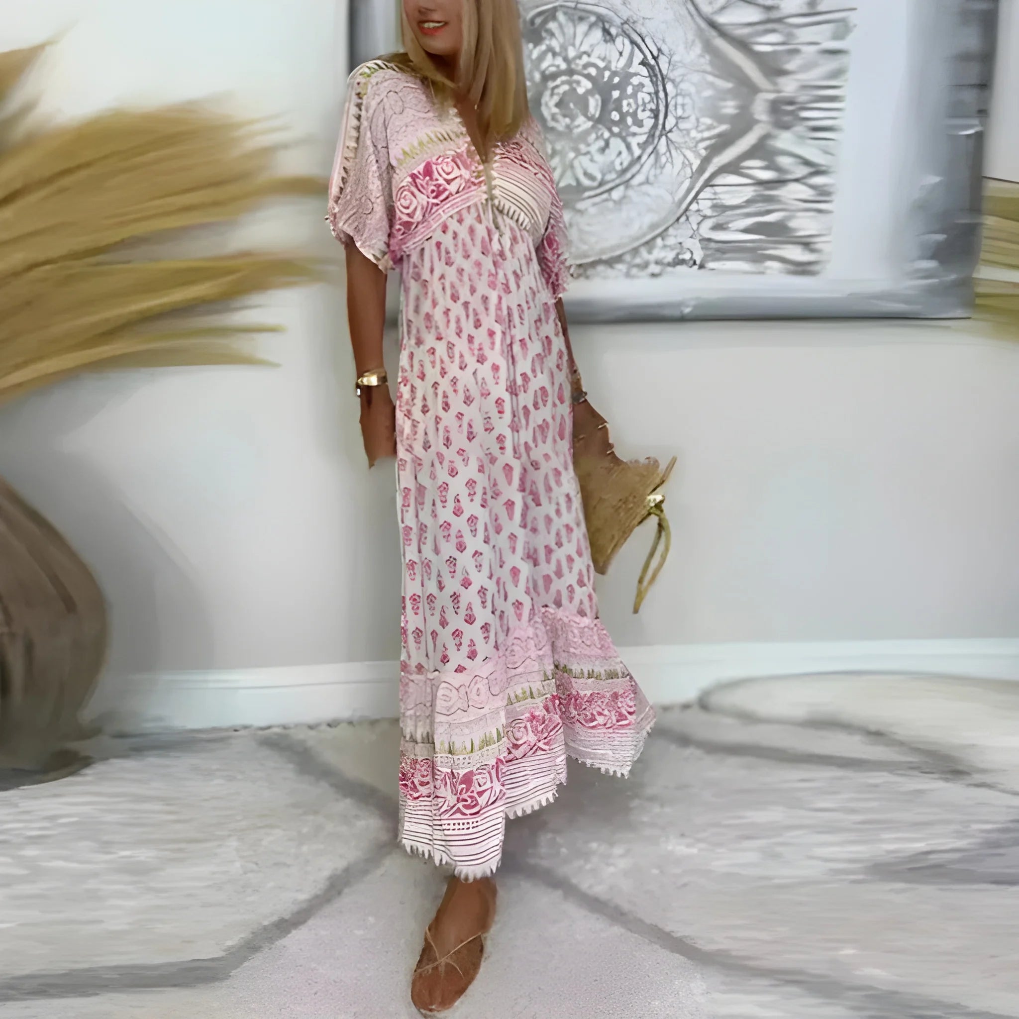Women's Casual Boho Maxi Summer Dress with V Neck and Short Sleeves