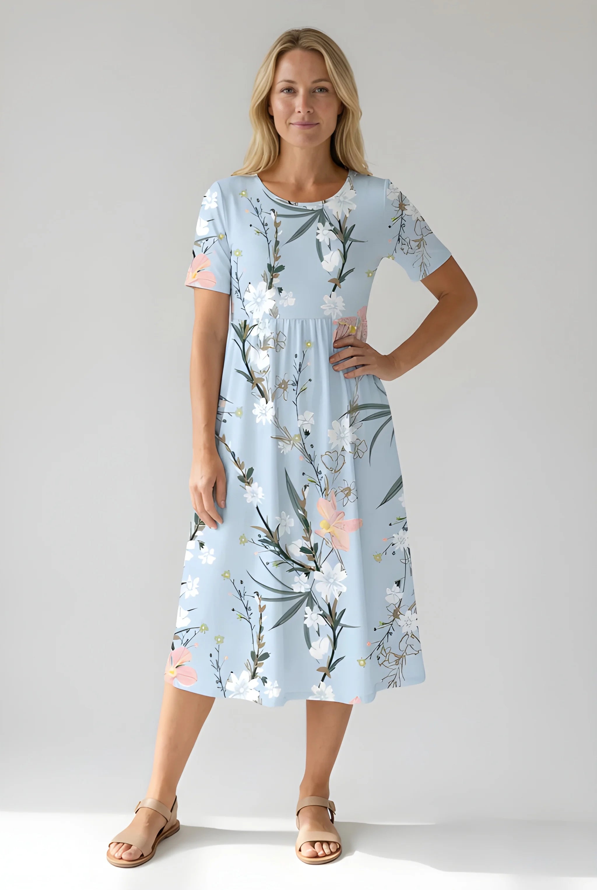 Women's Casual Floral Midi Summer Dress with Short Sleeves