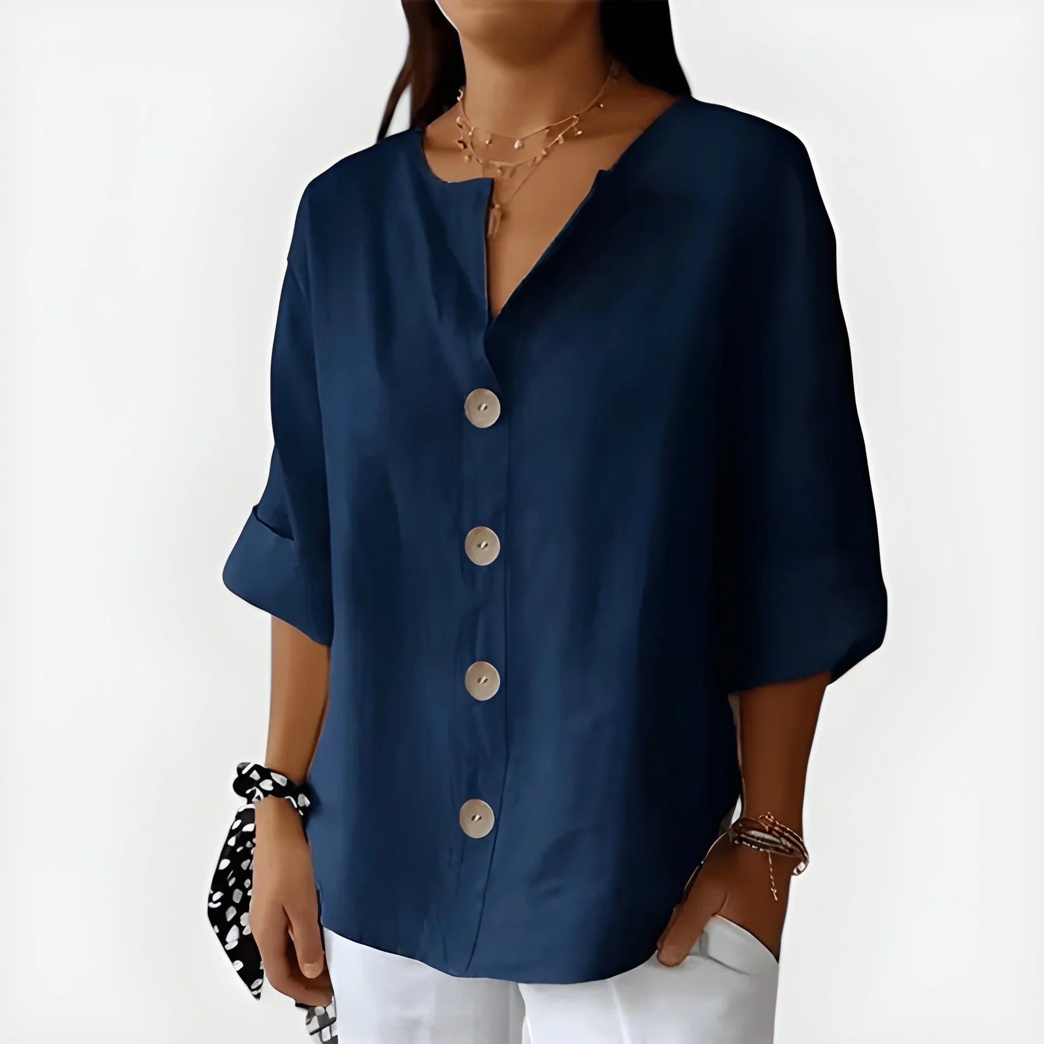 Women's Summer Loose Shirt with V-Neck and Short Sleeve