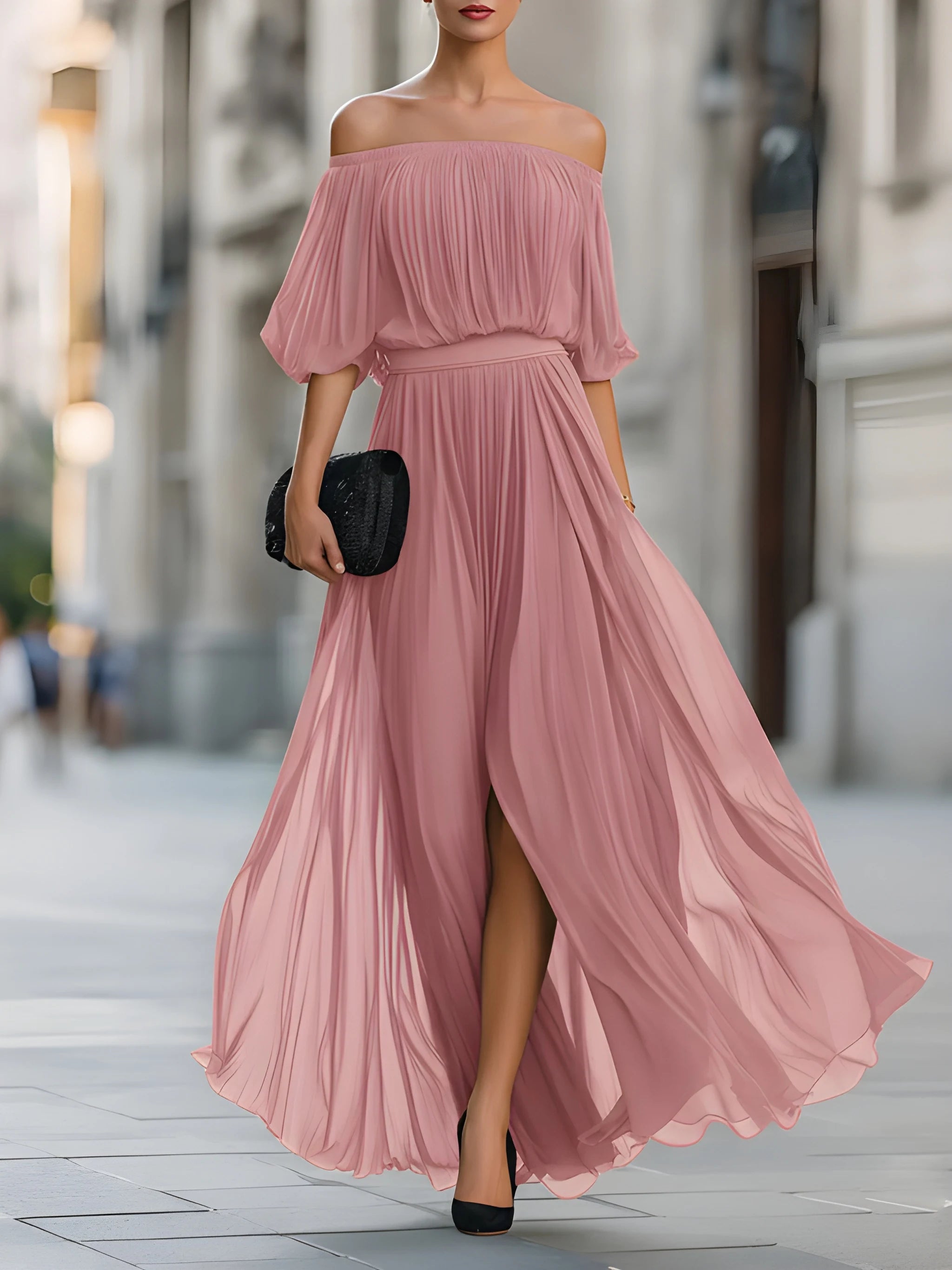 Women's Formal Summer Maxi Wedding Guest Dress with Off Shoulder Neckline