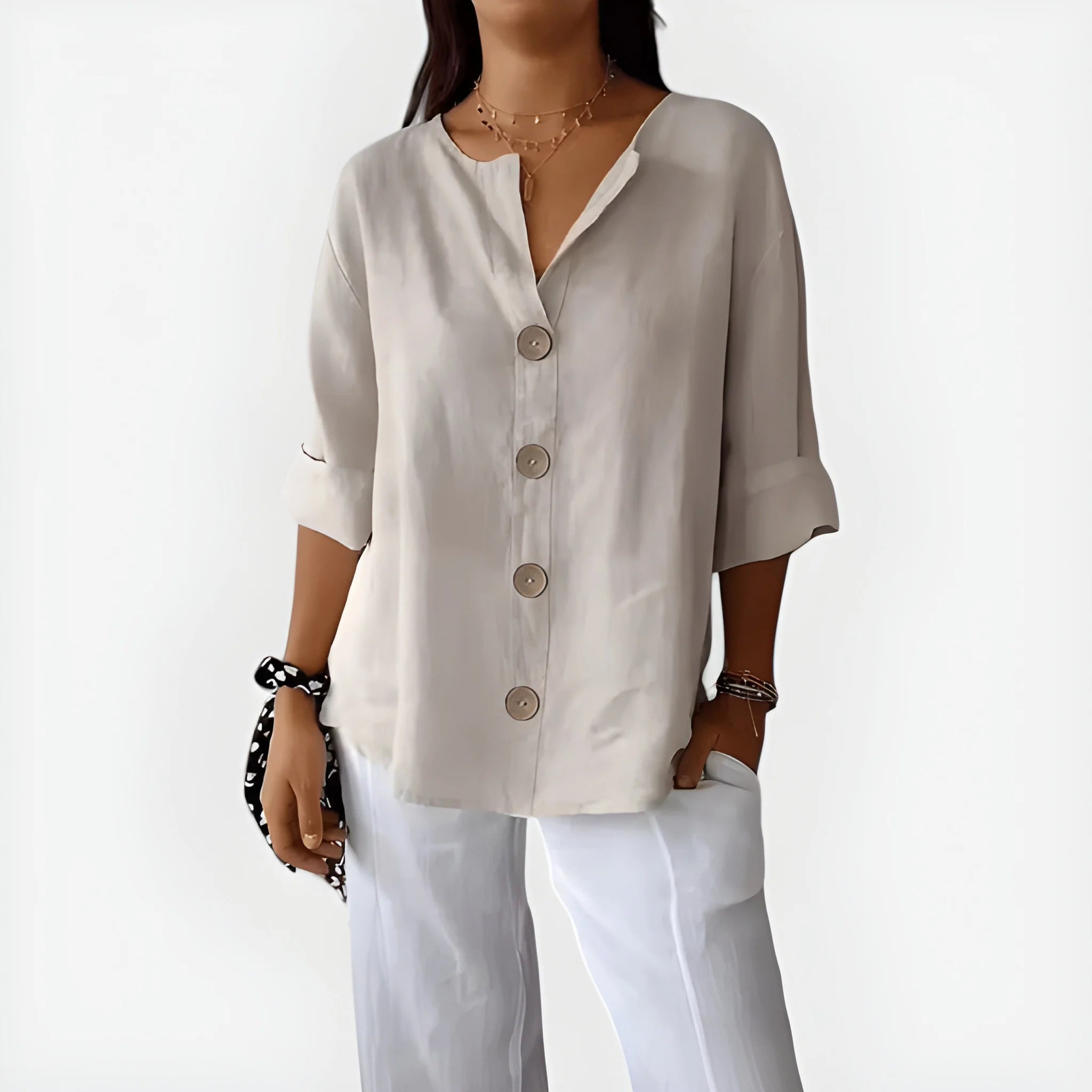 Women's Summer Loose Shirt with V-Neck and Short Sleeve