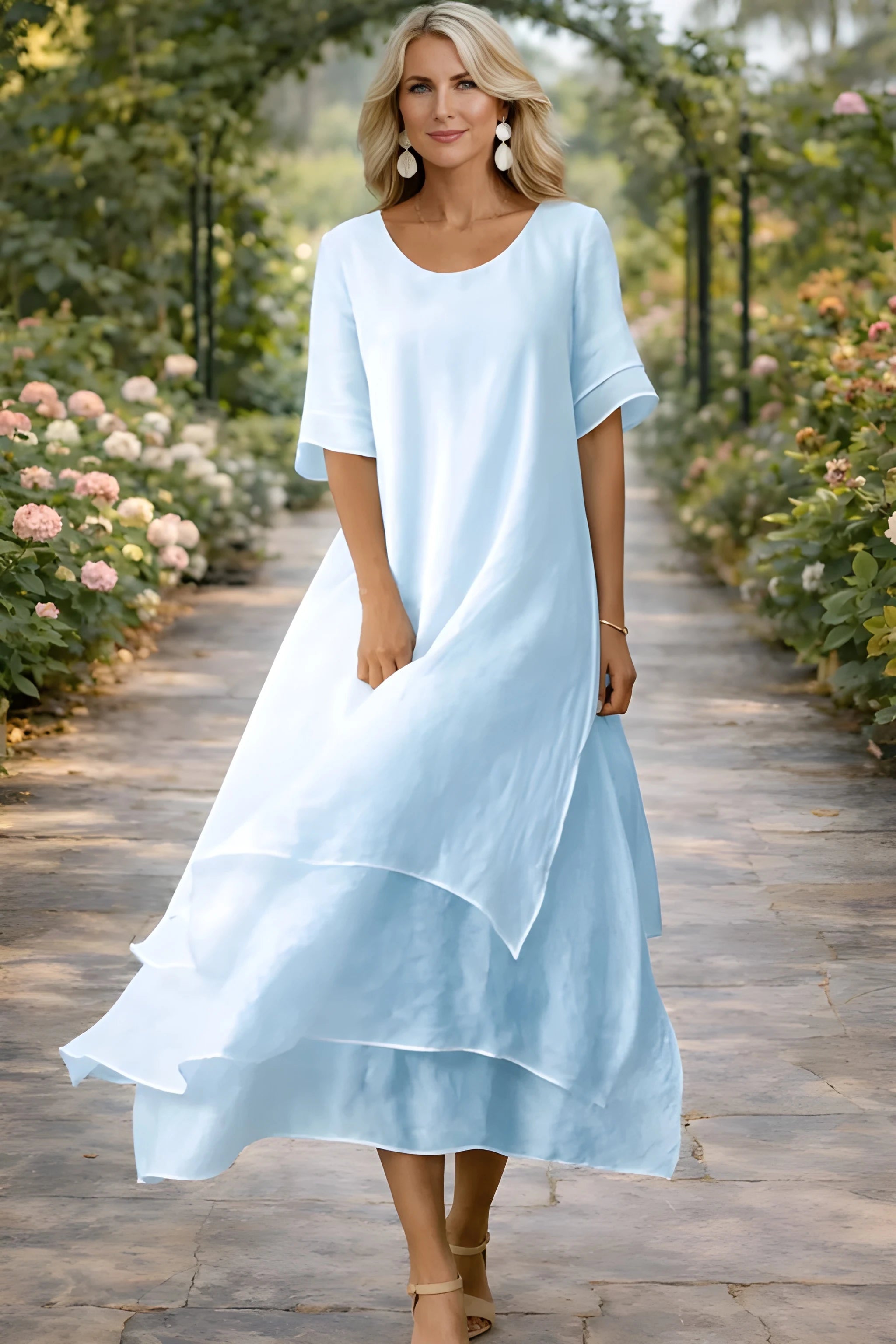 Women's Elegant Flowy Midi Summer Dress with High Neck