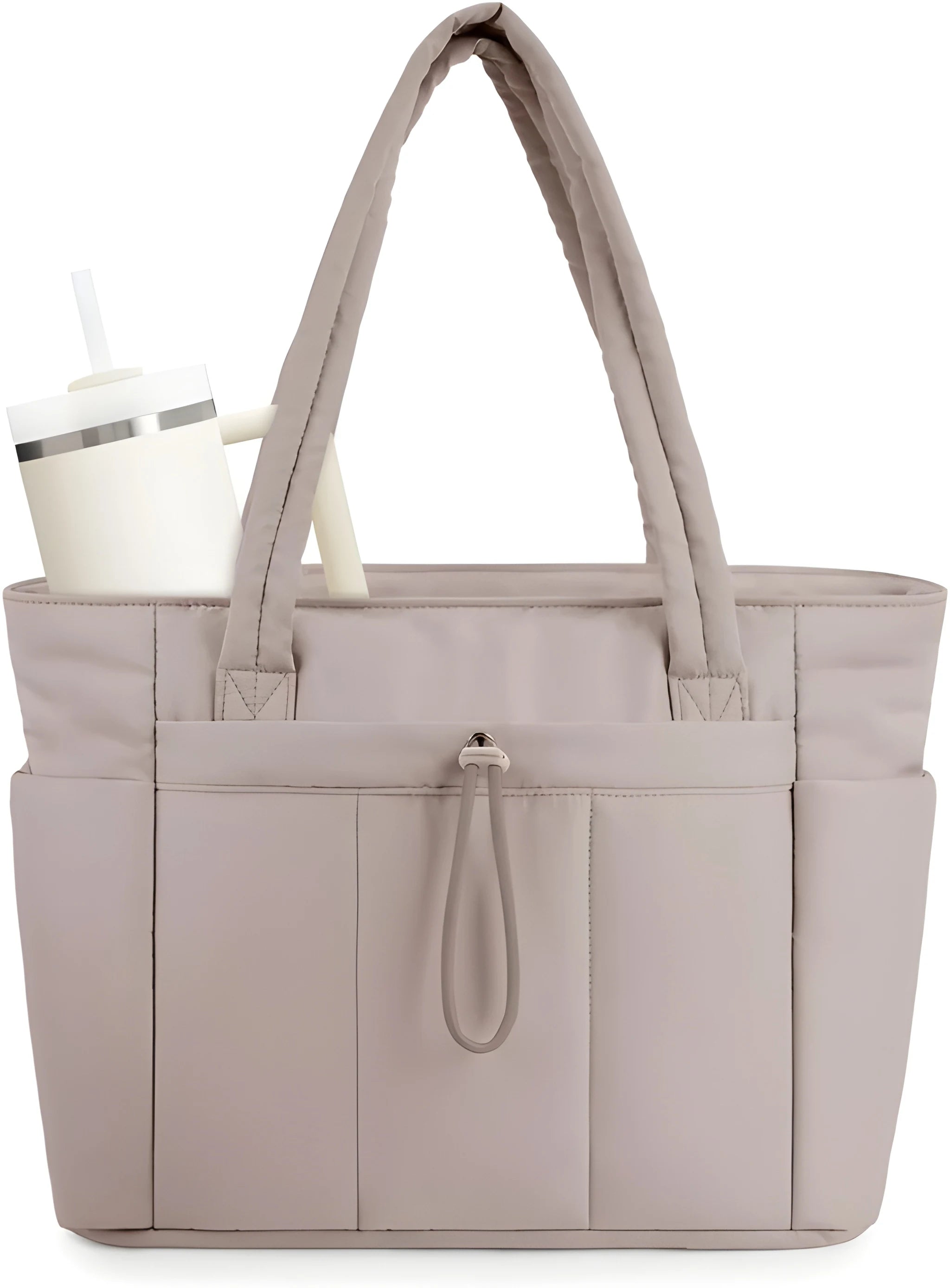 Women's Quilted Puffer Tote Bag with Tumbler Holder and Zipper Pocket