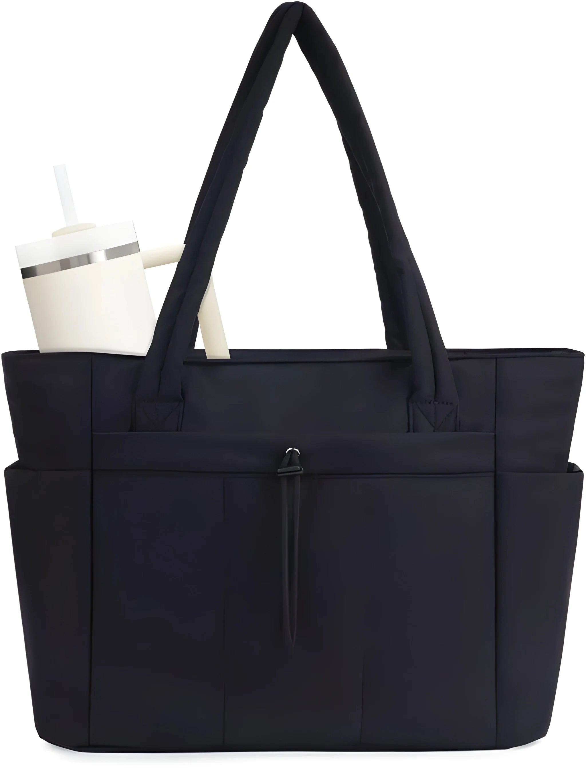 Women's Quilted Puffer Tote Bag with Tumbler Holder and Zipper Pocket