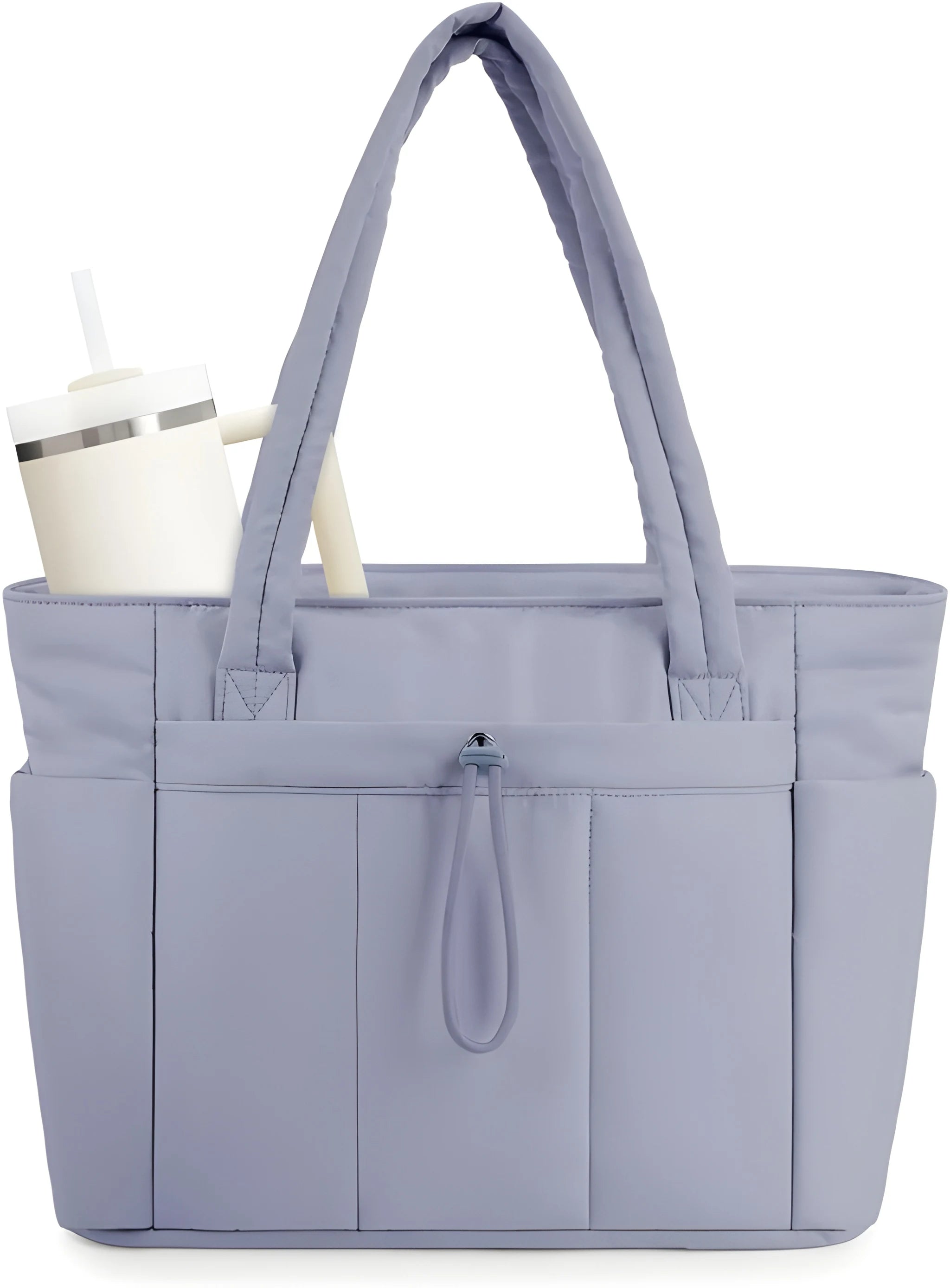 Women's Quilted Puffer Tote Bag with Tumbler Holder and Zipper Pocket