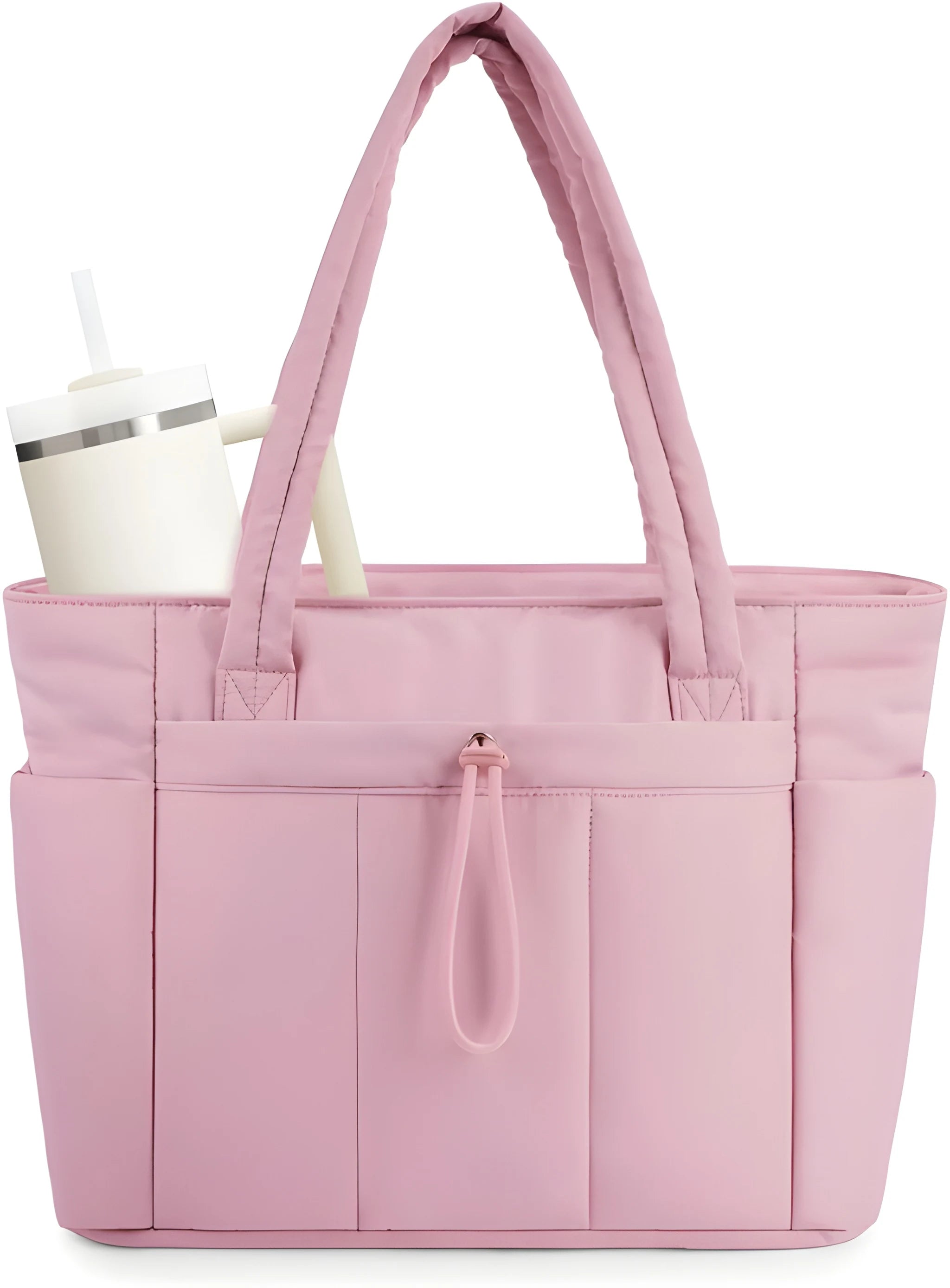 Women's Quilted Puffer Tote Bag with Tumbler Holder and Zipper Pocket