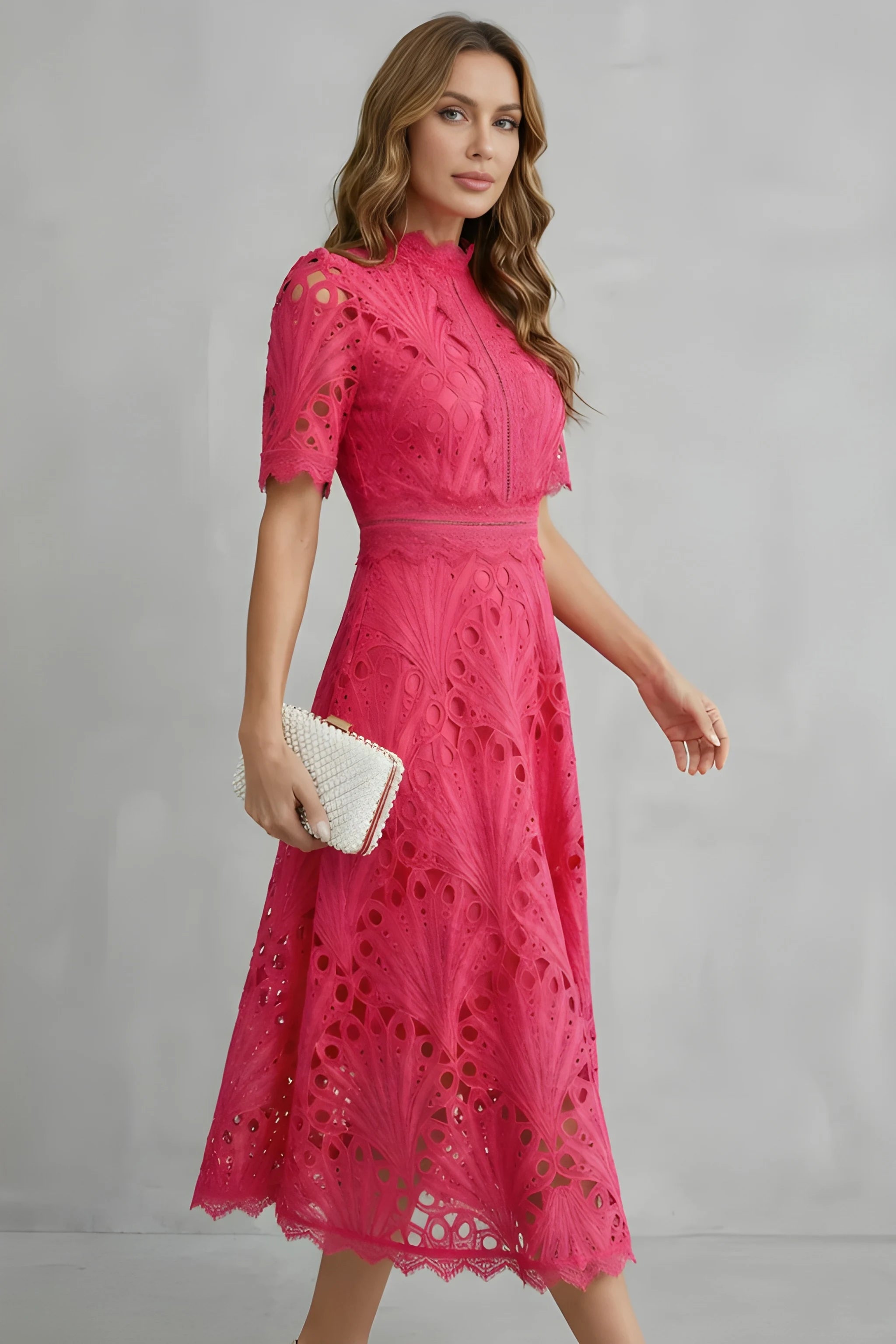 Women's Elegant Vintage Midi Wedding Guest Dress with High Neck