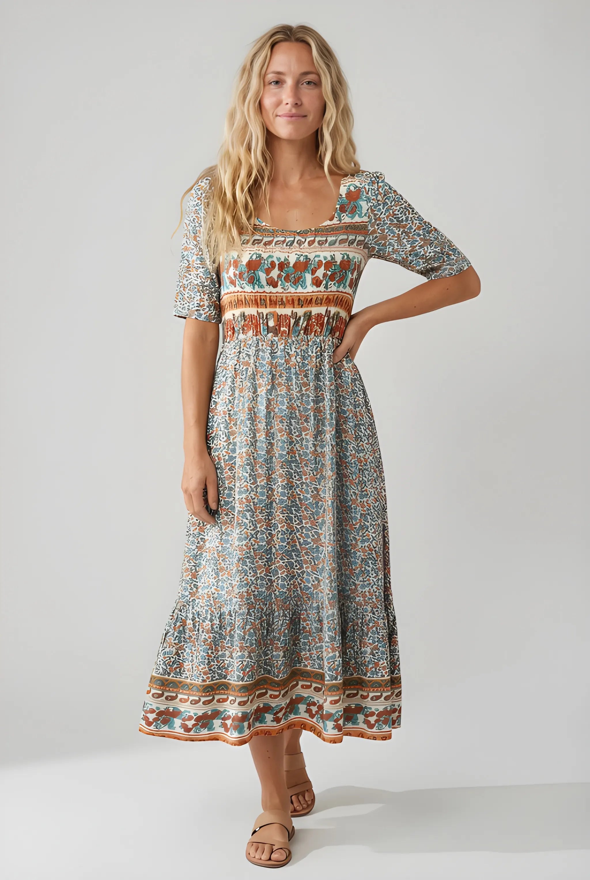 Women's Boho Midi Summer Dress with Square Neck and Tiered Skirt