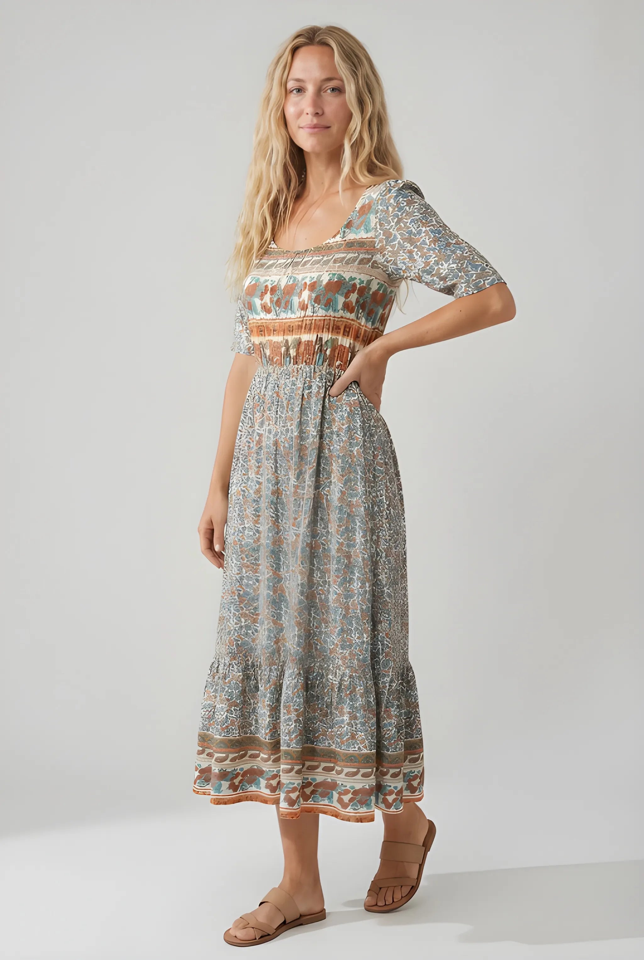Women's Boho Midi Summer Dress with Square Neck and Tiered Skirt