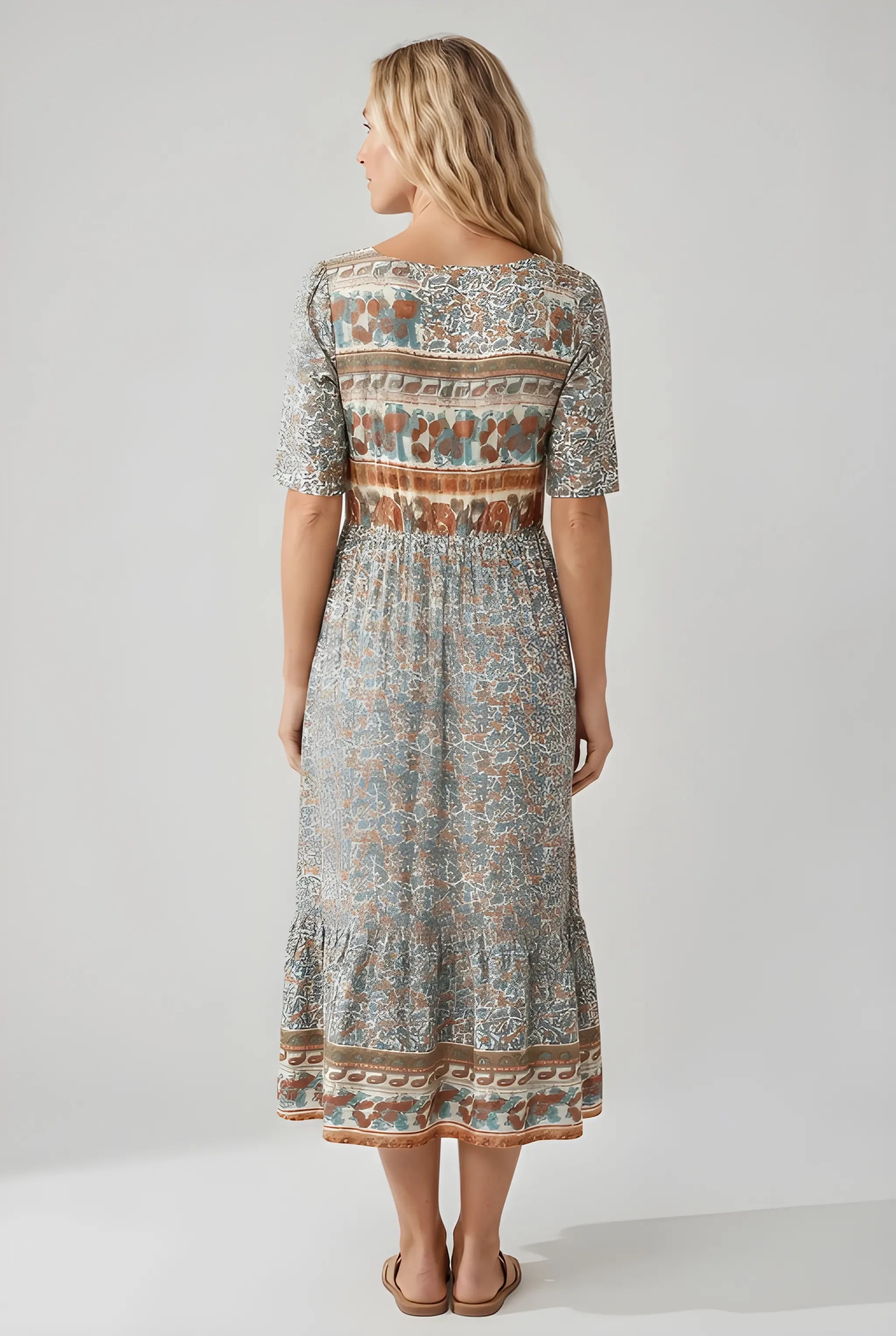 Women's Boho Midi Summer Dress with Square Neck and Tiered Skirt