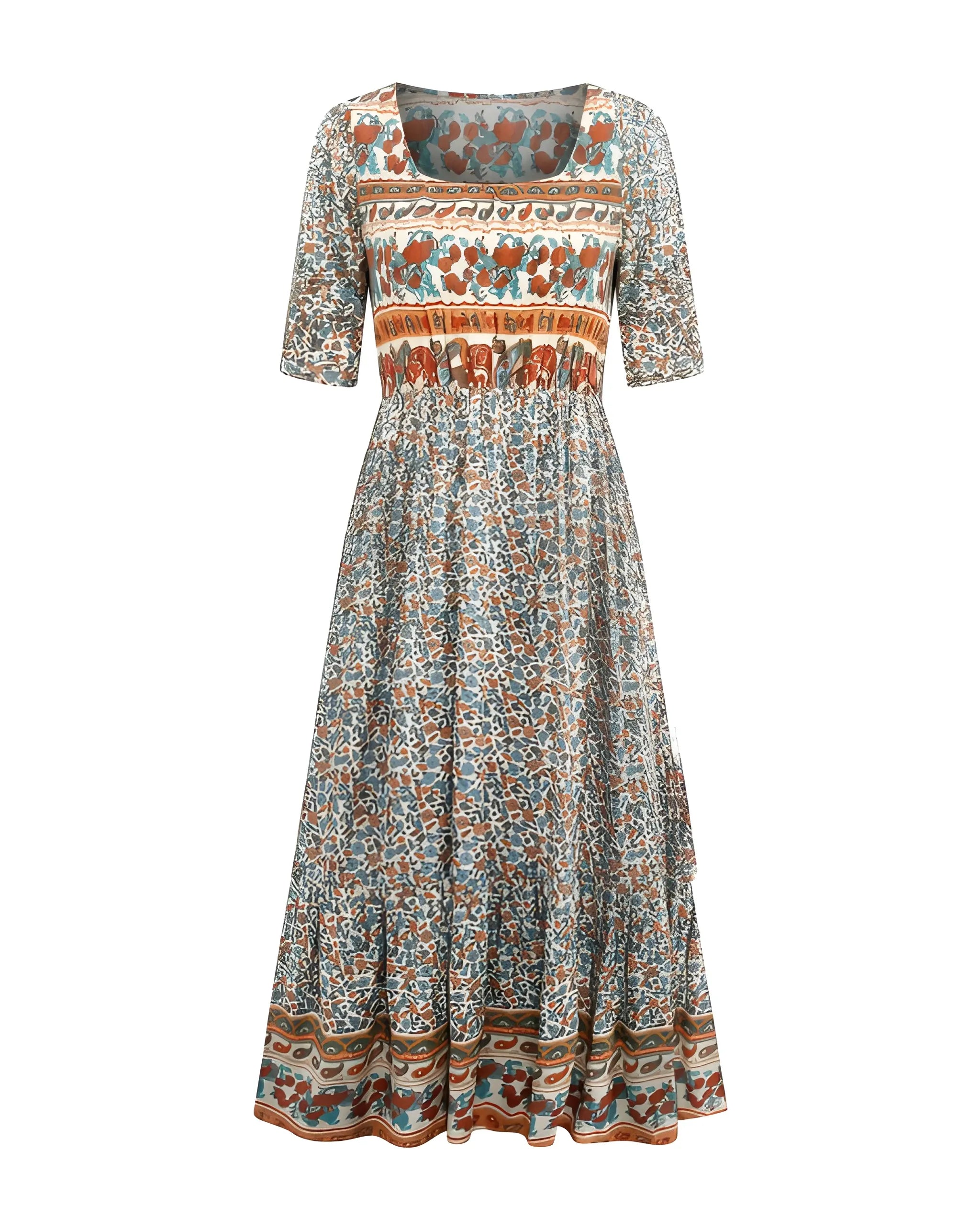 Women's Boho Midi Summer Dress with Square Neck and Tiered Skirt