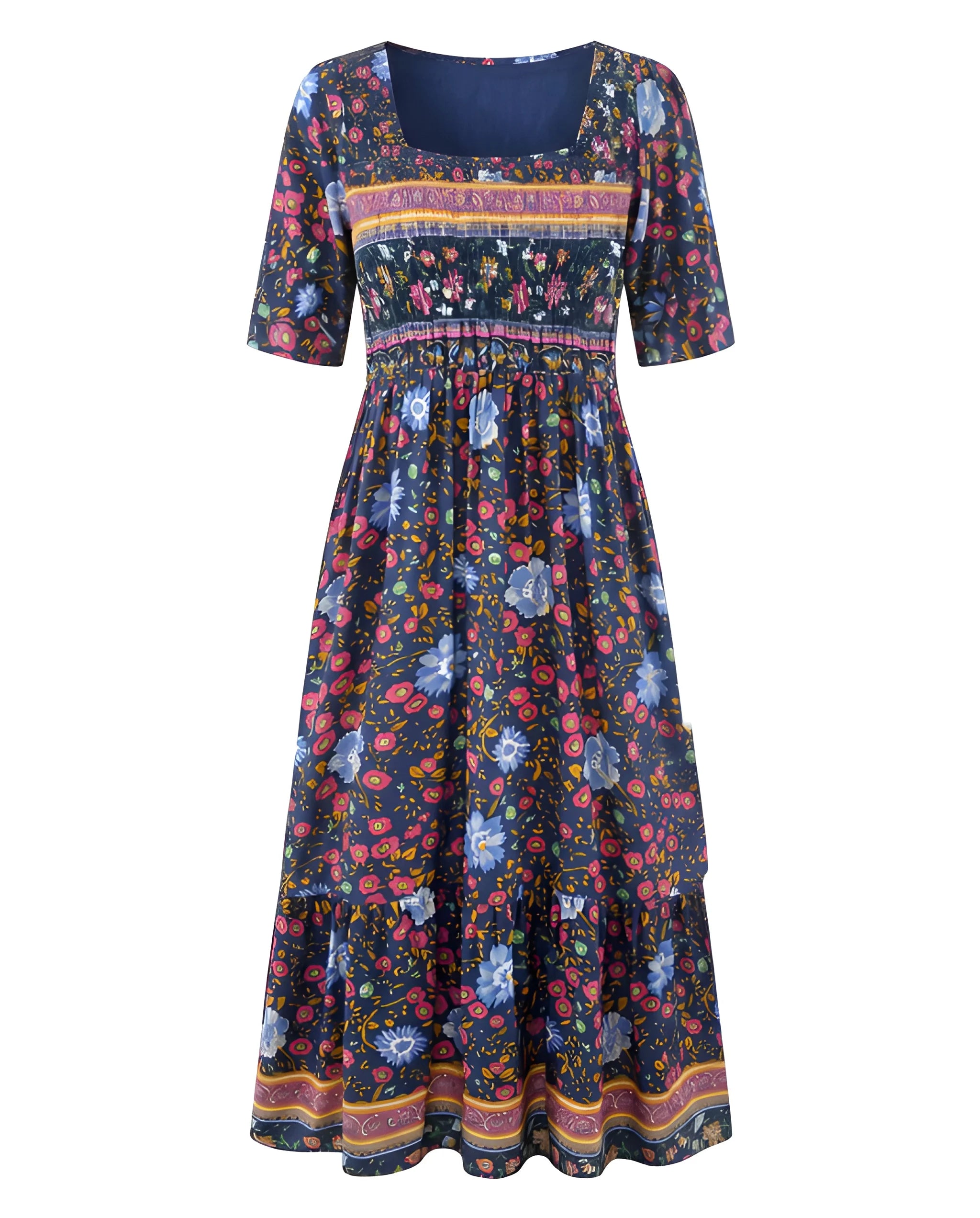 Women's Boho Midi Summer Dress with Square Neck and Tiered Skirt