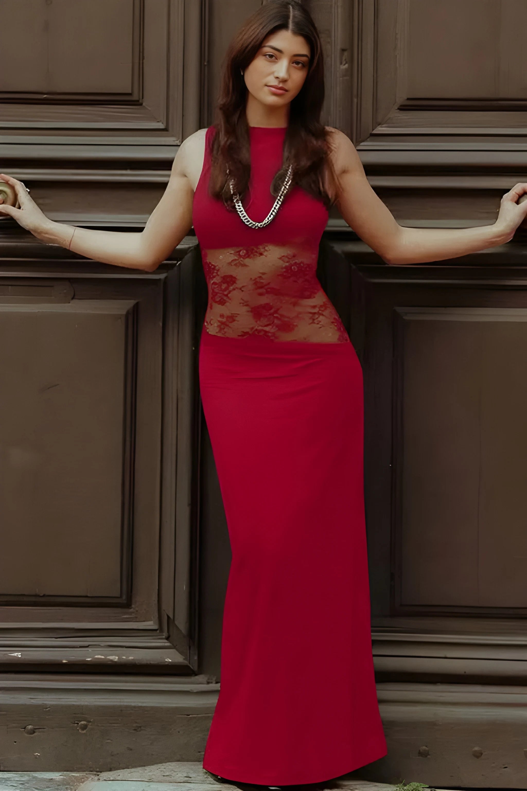 Women's Formal Maxi Wedding Guest Dress with High Neck and Sleeveless Design