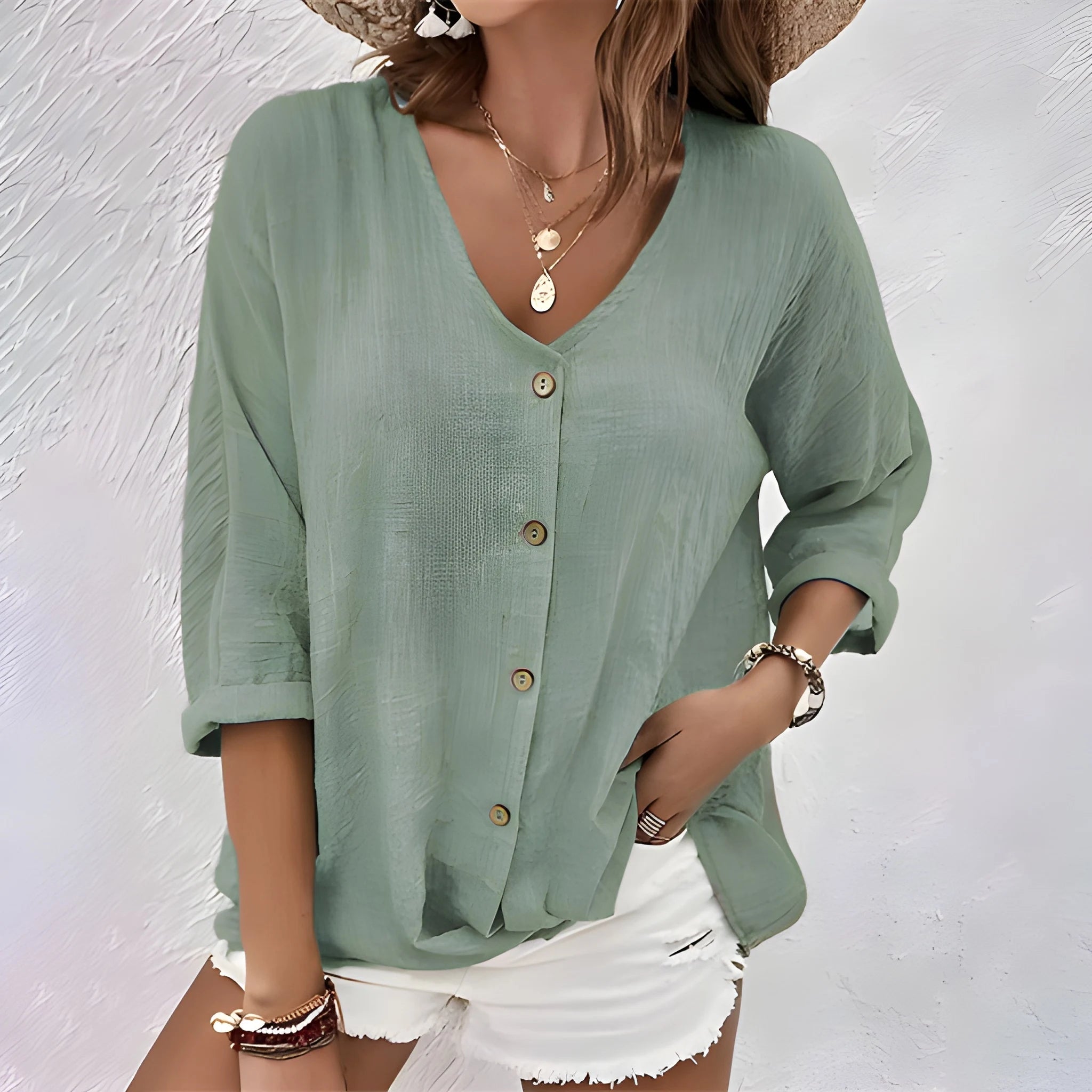 Women's Summer Oversized Shirt with V-Neck and Short Sleeve