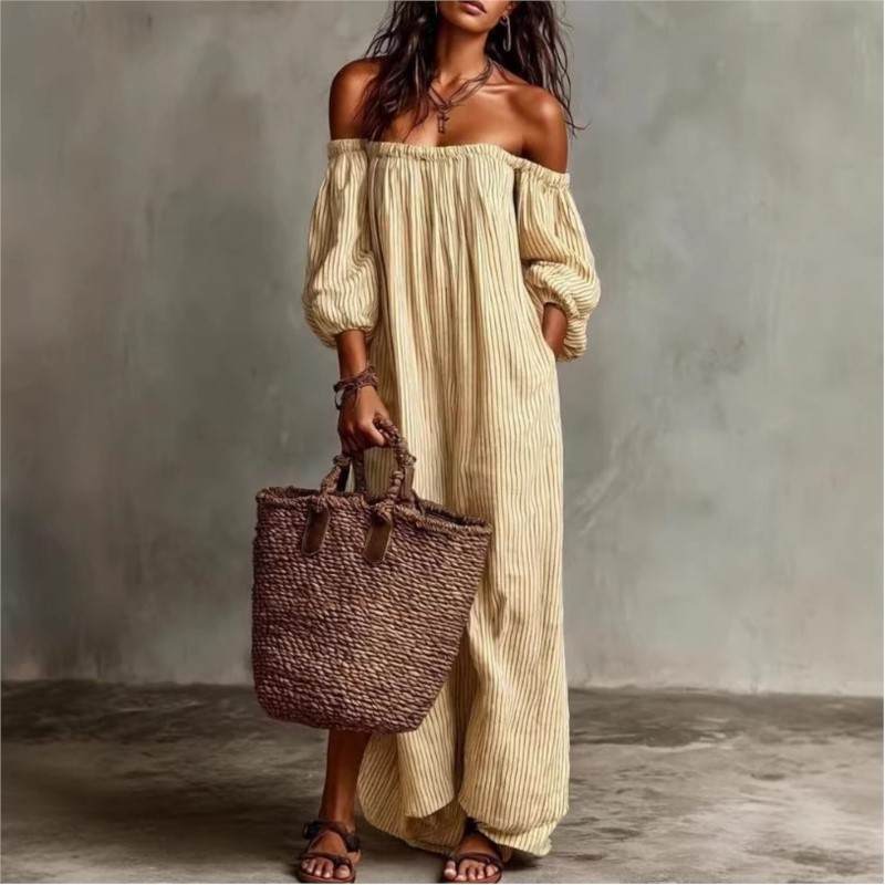 Women's Relaxed Striped Maxi Summer Dress with Off-Shoulder Design