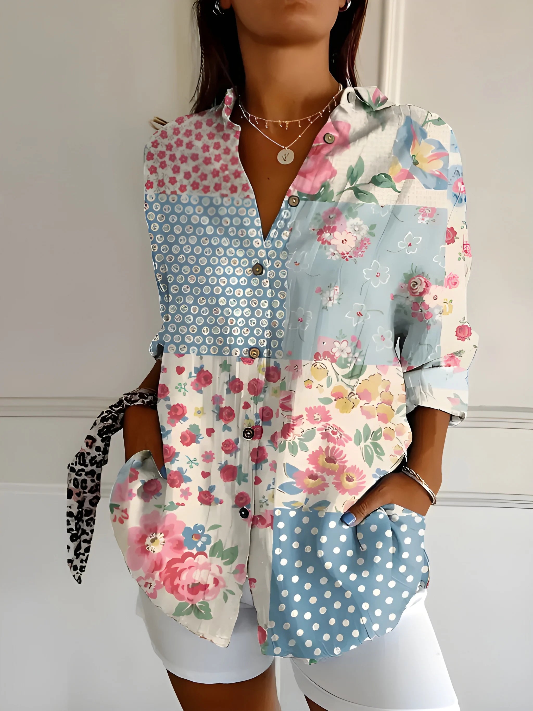 Women's Casual Work Shirt with Button-Up Front and Pockets