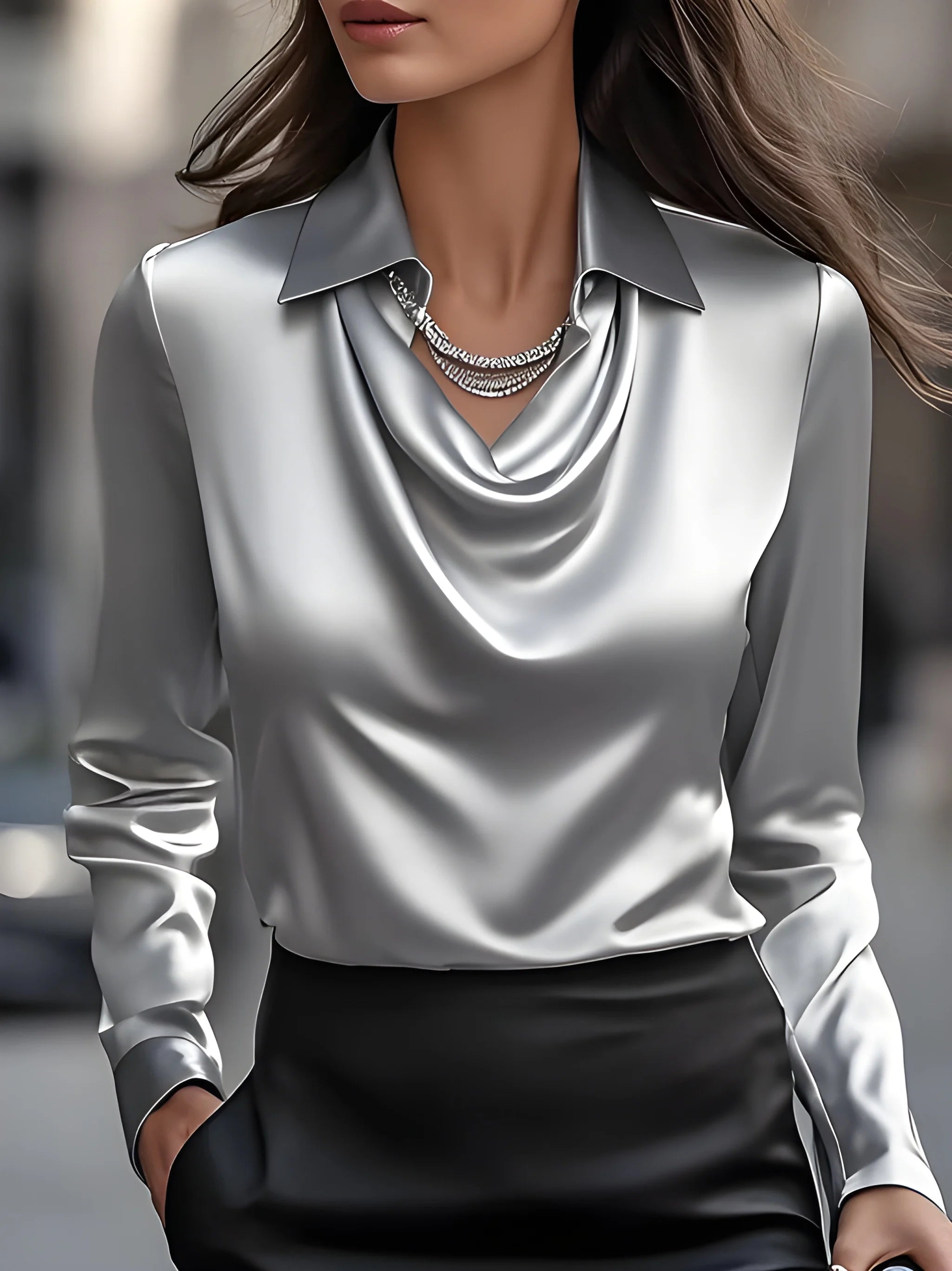 Women's Summer Long Sleeve Blouse with Cowl Neck