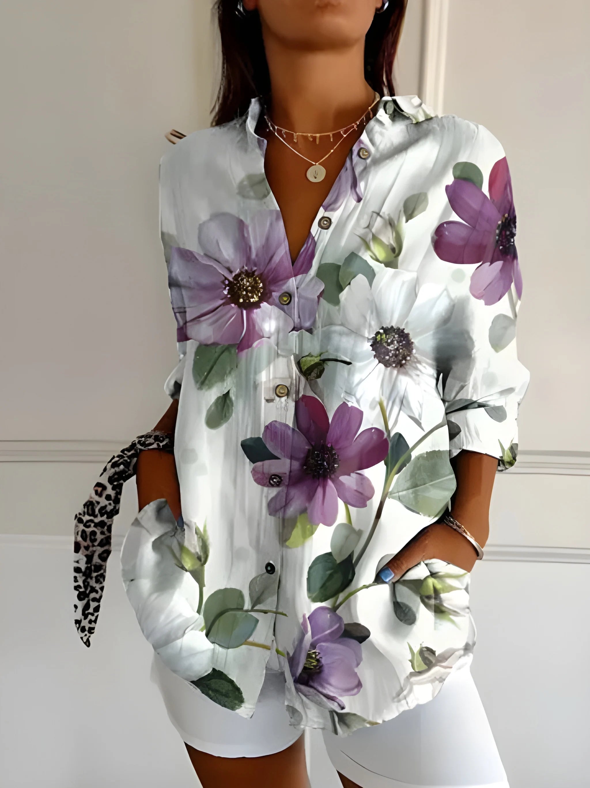 Women's Casual Work Shirt with Button-Up Front and Pockets